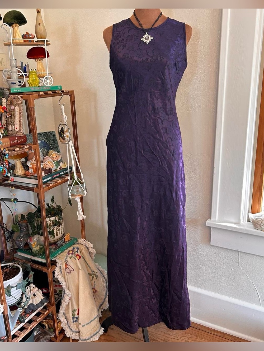 Vintage 90s Goth Dark Purple + Black Floral Fitted Maxi Dress by Steppin’ Out